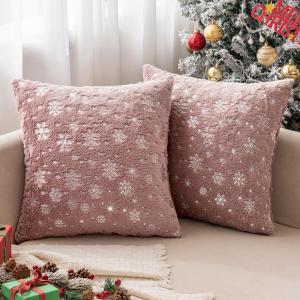 MIULEE Set of 2 Christmas Decorative Throw Pillow Covers Soft Faux Fur Winter Pillow Covers with Silver Snowflake Glitter Holiday Festival Pillowcases for Couch Sofa Bed, 18×18inch, Red(Heather Pink)