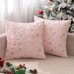 MIULEE Set of 2 Christmas Decorative Throw Pillow Covers Soft Faux Fur Winter Pillow Covers with Silver Snowflake Glitter Holiday Festival Pillowcases for Couch Sofa Bed, 18×18inch, Red(Light Pink)