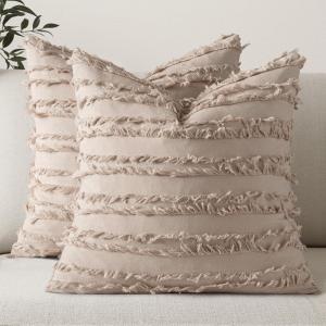 MIULEE Set of 2 Decorative Boho Throw Pillow Covers Linen Striped Jacquard Pattern Cushion Covers for Sofa Couch Living Room Bedroom 18×18 Inch Red(Beige)