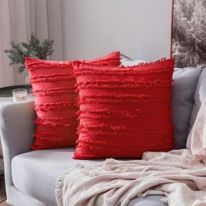 MIULEE Set of 2 Decorative Boho Throw Pillow Covers Linen Striped Jacquard Pattern Cushion Covers for Sofa Couch Living Room Bedroom 18×18 Inch Red(Christmas Red)