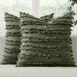 MIULEE Set of 2 Decorative Boho Throw Pillow Covers Linen Striped Jacquard Pattern Cushion Covers for Sofa Couch Living Room Bedroom 18×18 Inch Red(Dark Olive Green)