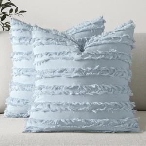 MIULEE Set of 2 Decorative Boho Throw Pillow Covers Linen Striped Jacquard Pattern Cushion Covers for Sofa Couch Living Room Bedroom 18×18 Inch Red(Light Blue)