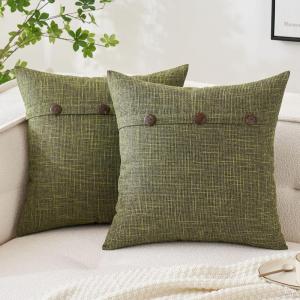 MIULEE Set of 2 Decorative Linen Throw Pillow Covers Cushion Case Triple Button Vintage Farmhouse Pillowcase for Couch Sofa Bed 12 x 20 Inch 30 x 50 cm Beige(Dark Green)