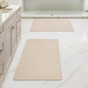 MIULEE Set of 2 Ultra Thin Bathroom Rugs, Rubber Bath Mats for Bathroom Non Slip, Quick Dry Absorbent Bath Rug Machine Washable, Fit Under Door, Shower, Sink, Home Decor, Grey, 17″x27″+20″x32″(Light Beige)