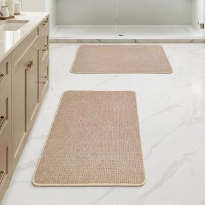 MIULEE Set of 2 Ultra Thin Bathroom Rugs, Rubber Bath Mats for Bathroom Non Slip, Quick Dry Absorbent Bath Rug Machine Washable, Fit Under Door, Shower, Sink, Home Decor, Grey, 17″x27″+20″x32″(Beige)