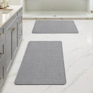 MIULEE Set of 2 Ultra Thin Bathroom Rugs, Rubber Bath Mats for Bathroom Non Slip, Quick Dry Absorbent Bath Rug Machine Washable, Fit Under Door, Shower, Sink, Home Decor, Grey, 17″x27″+20″x32″(Grey)