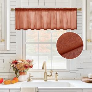 MIULEE Solid Burgundy Kitchen Sheer Valance for Christmas Linen Look Window Curtain, Living Room Windows Voile Valance Rod Pocket 1 Panels (60″ W x 18″ L), Burgundy Red(Terracotta)