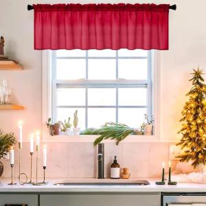 MIULEE Solid Burgundy Kitchen Sheer Valance for Christmas Linen Look Window Curtain, Living Room Windows Voile Valance Rod Pocket 1 Panels (60″ W x 18″ L), Burgundy Red(Burgundy Red)