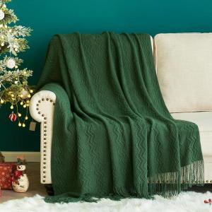 MIULEE Tan Taupe Knitted Throw Blanket for Couch Boho Textured Cozy Woven Blanket with Tassels for Sofa Chair Bed Living Room Farmhouse Home Decor Acrylic Wave Pattern 50″x60″(Dark Green)