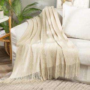 MIULEE Tan Taupe Knitted Throw Blanket for Couch Boho Textured Cozy Woven Blanket with Tassels for Sofa Chair Bed Living Room Farmhouse Home Decor Acrylic Wave Pattern 50″x60″(Beige)