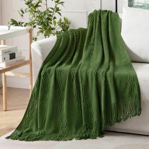 MIULEE Tan Taupe Knitted Throw Blanket for Couch Boho Textured Cozy Woven Blanket with Tassels for Sofa Chair Bed Living Room Farmhouse Home Decor Acrylic Wave Pattern 50″x60″(Olive Green)