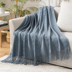 MIULEE Tan Taupe Knitted Throw Blanket for Couch Boho Textured Cozy Woven Blanket with Tassels for Sofa Chair Bed Living Room Farmhouse Home Decor Acrylic Wave Pattern 50″x60″(Dusty Blue)