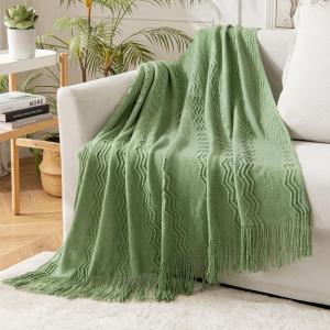 MIULEE Tan Taupe Knitted Throw Blanket for Couch Boho Textured Cozy Woven Blanket with Tassels for Sofa Chair Bed Living Room Farmhouse Home Decor Acrylic Wave Pattern 50″x60″(Sage Green)