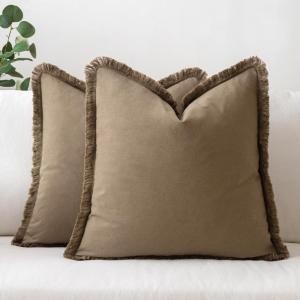 MIULEE Throw Pillow Covers Fall Boho Farmhouse 26×26 Set of 2 Decorative Orange Eruo Sham Couch with Fringe Chic Cotton Pillowcases Home Decor Accents for Cushion Soft Bed Living Room(Brown)