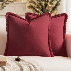 MIULEE Throw Pillow Covers Fall Boho Farmhouse 26×26 Set of 2 Decorative Orange Eruo Sham Couch with Fringe Chic Cotton Pillowcases Home Decor Accents for Cushion Soft Bed Living Room(Burgundy Red)