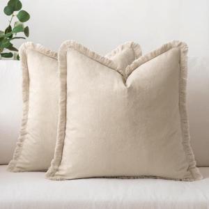 MIULEE Throw Pillow Covers Fall Boho Farmhouse 26×26 Set of 2 Decorative Orange Eruo Sham Couch with Fringe Chic Cotton Pillowcases Home Decor Accents for Cushion Soft Bed Living Room(Beige)