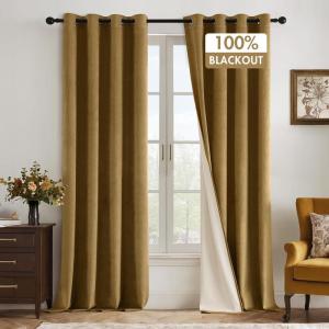 MIULEE Upgraded Thermal Insulated 100% Blackout Velvet Curtains for Christmas 84 Inches Long Hunter Green Curtain Drapes for Luxury Bedroom Living Room Darkening Grommet Light Blocking Set of 2(Gold)
