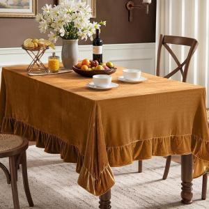 MIULEE Velvet Table Cloth with Decorative Ruffle Edge Luxurious Soft Washable Rectangular Tablecloth Thick Wrinkle-Resistant Oblong Table Cover for Kitchen Dining Party Wedding 60×102 Inch Olive Green(Gold)