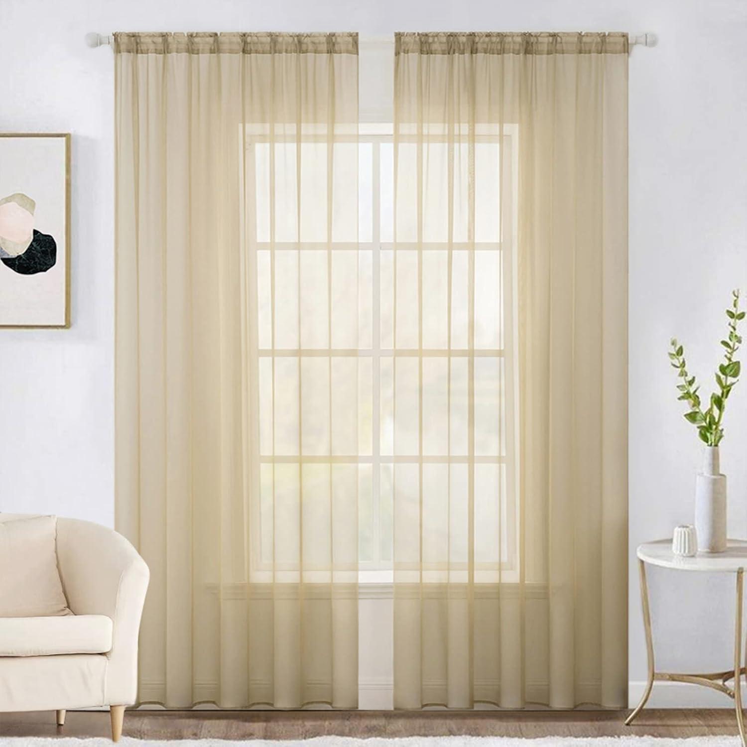 imageMIULEE 2 Panels Red Solid Color Sheer Christmas Window Curtains Elegant Window Voile PanelsDrapesTreatment for Bedroom Living Room 54X54 InchesBeige