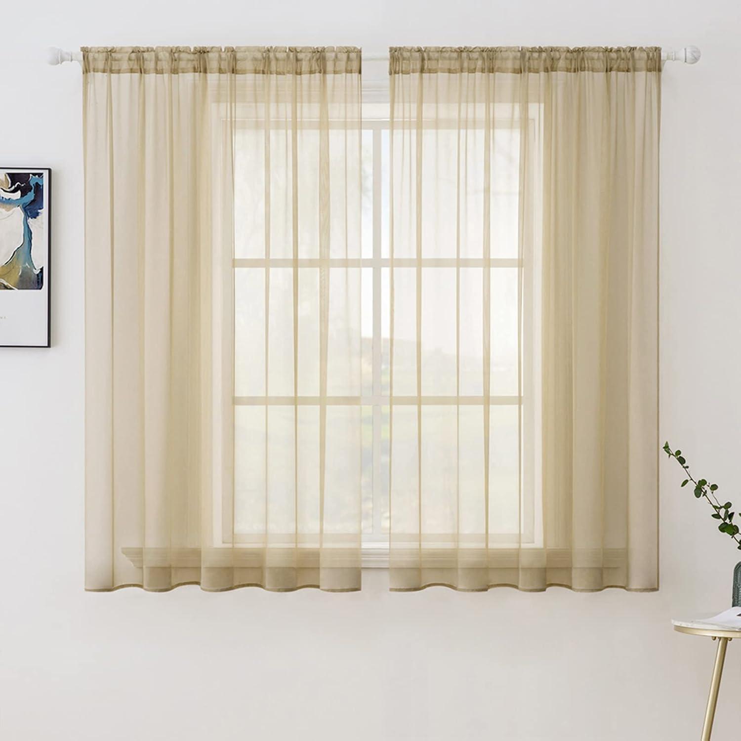 imageMIULEE 2 Panels Red Solid Color Sheer Christmas Window Curtains Elegant Window Voile PanelsDrapesTreatment for Bedroom Living Room 54X54 InchesBeige