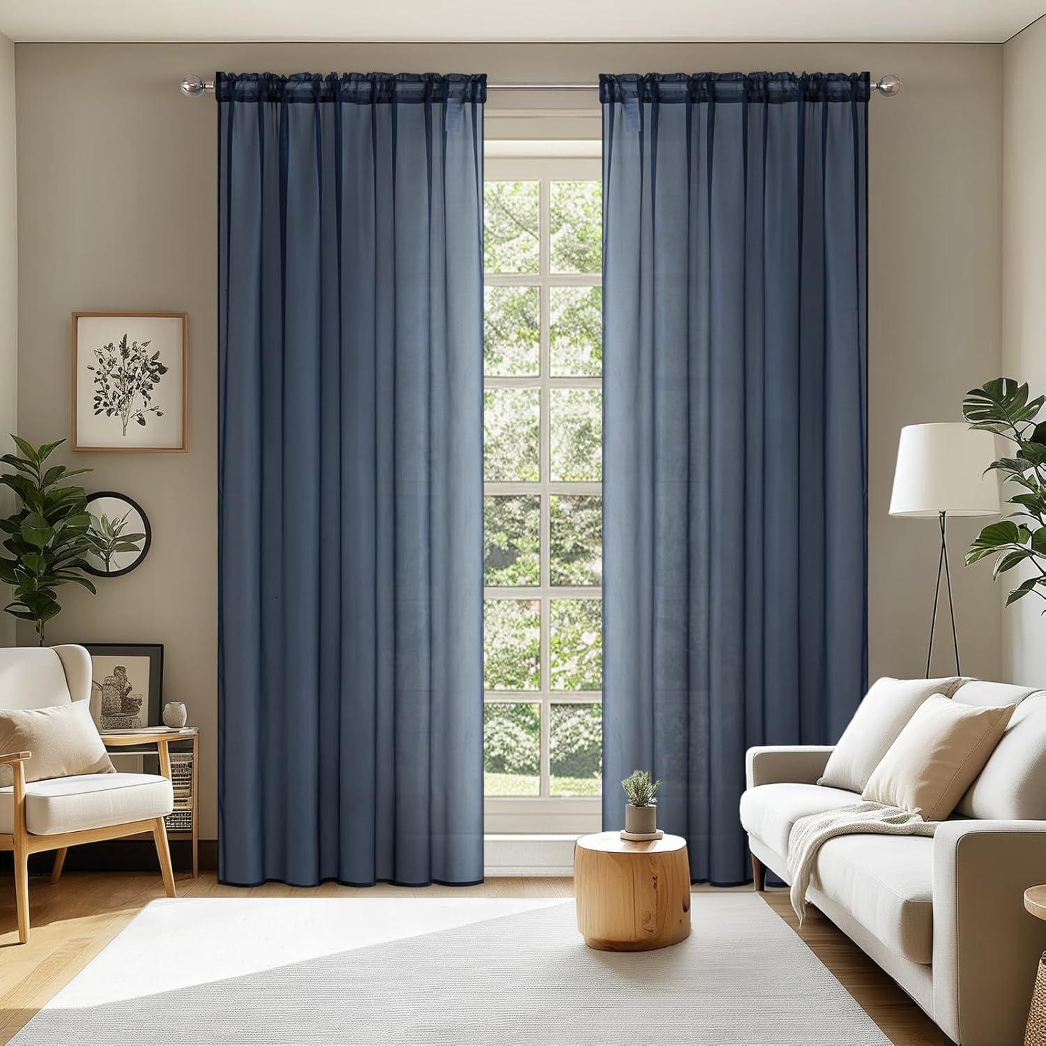 imageMIULEE 2 Panels Red Solid Color Sheer Christmas Window Curtains Elegant Window Voile PanelsDrapesTreatment for Bedroom Living Room 54X54 InchesNavy Blue
