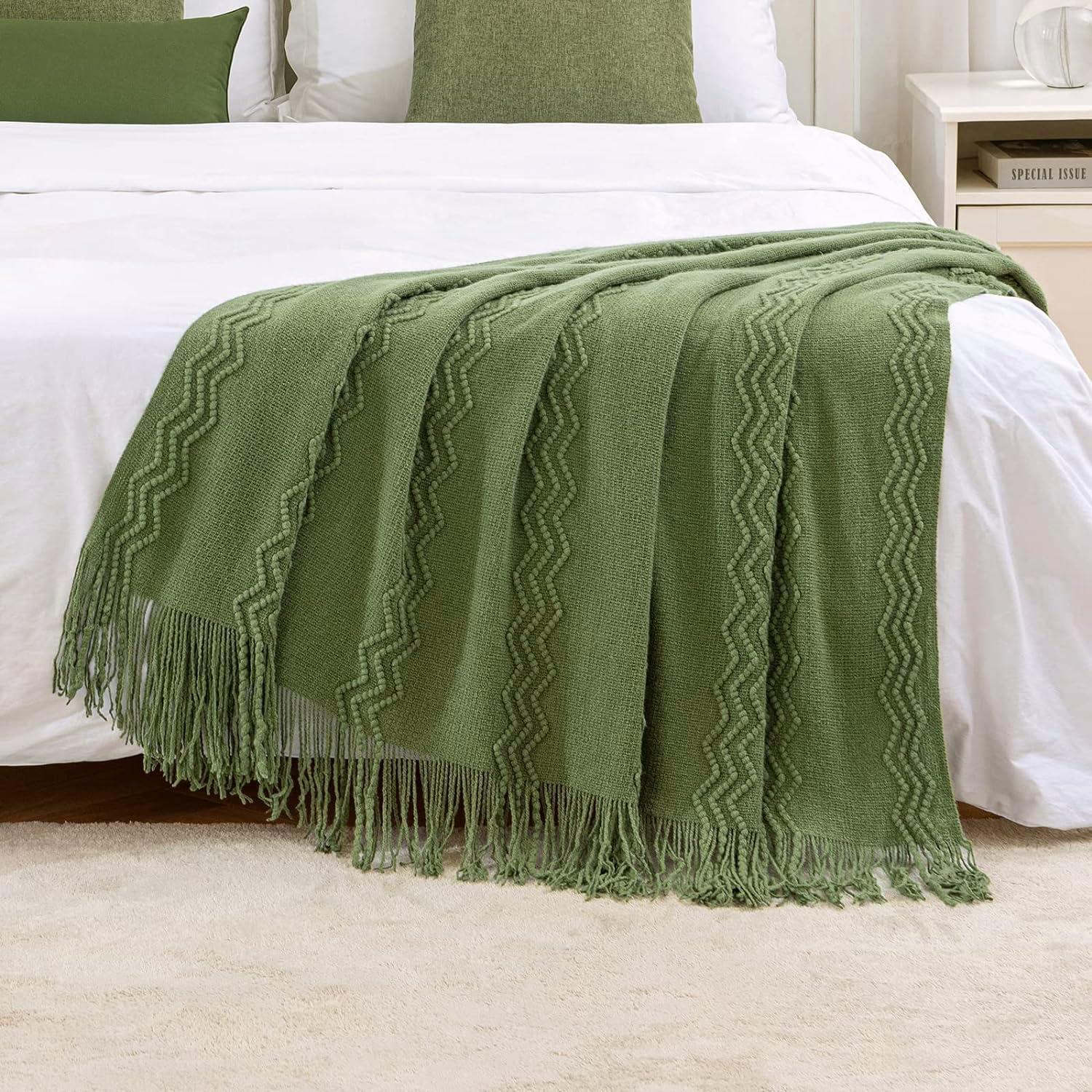 imageMIULEE Moss Green Knitted Throw Blanket for Couch Textured Knit Blanket with Tassels Cozy Woven Bed Blanket for Sofa Bed Chair Wave Pattern Spring Home Decor for All Seasons 50quotx60quotMoss Green
