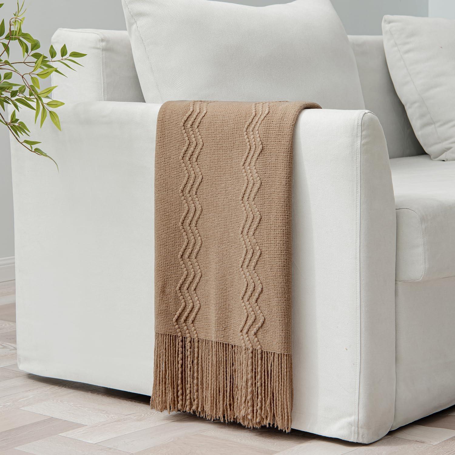 imageMIULEE Moss Green Knitted Throw Blanket for Couch Textured Knit Blanket with Tassels Cozy Woven Bed Blanket for Sofa Bed Chair Wave Pattern Spring Home Decor for All Seasons 50quotx60quotTan Taupe