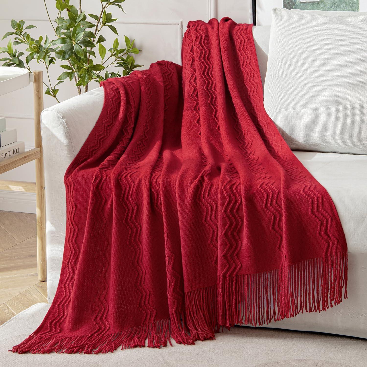 imageMIULEE Moss Green Knitted Throw Blanket for Couch Textured Knit Blanket with Tassels Cozy Woven Bed Blanket for Sofa Bed Chair Wave Pattern Spring Home Decor for All Seasons 50quotx60quotBurgundy