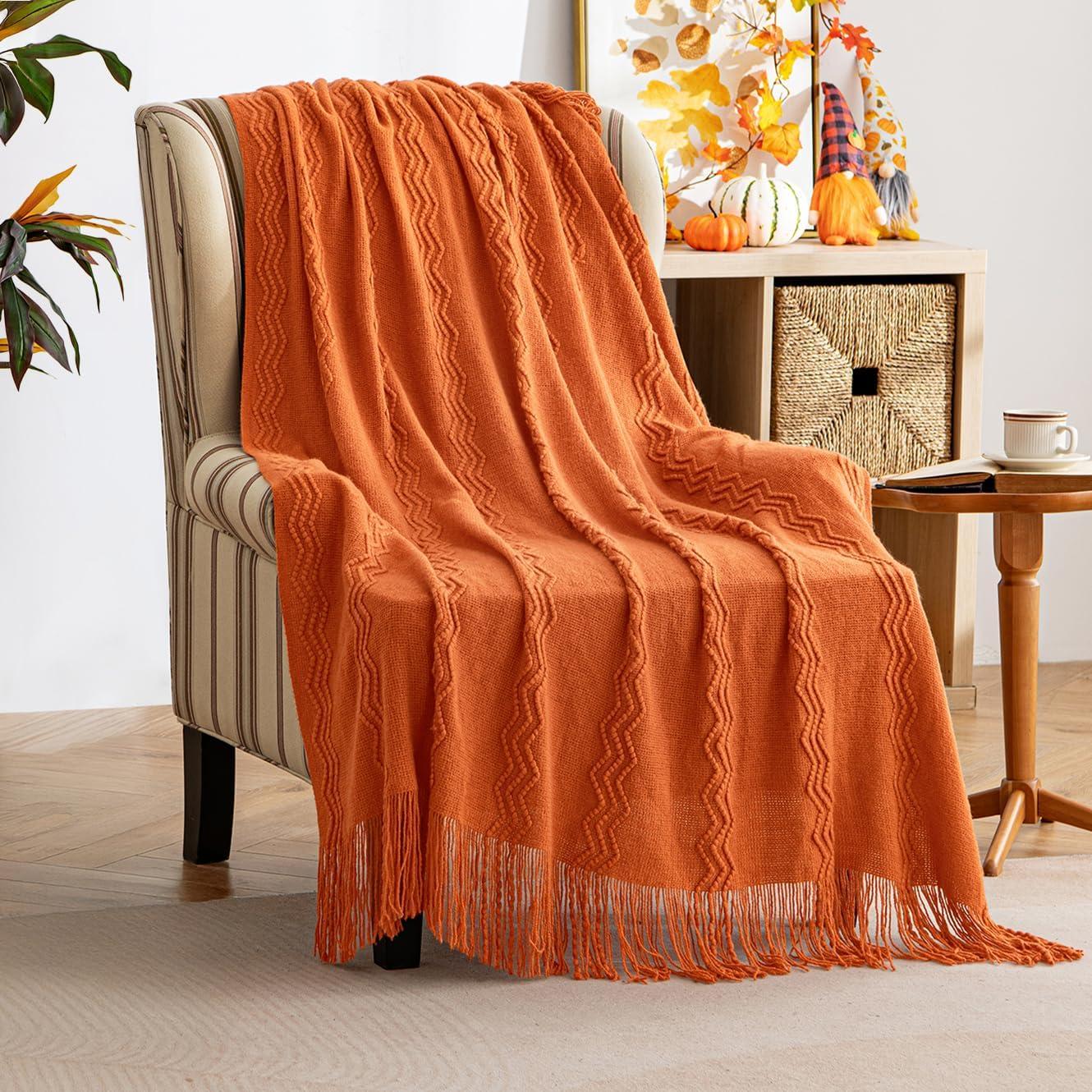 imageMIULEE Moss Green Knitted Throw Blanket for Couch Textured Knit Blanket with Tassels Cozy Woven Bed Blanket for Sofa Bed Chair Wave Pattern Spring Home Decor for All Seasons 50quotx60quotBurnt Orange
