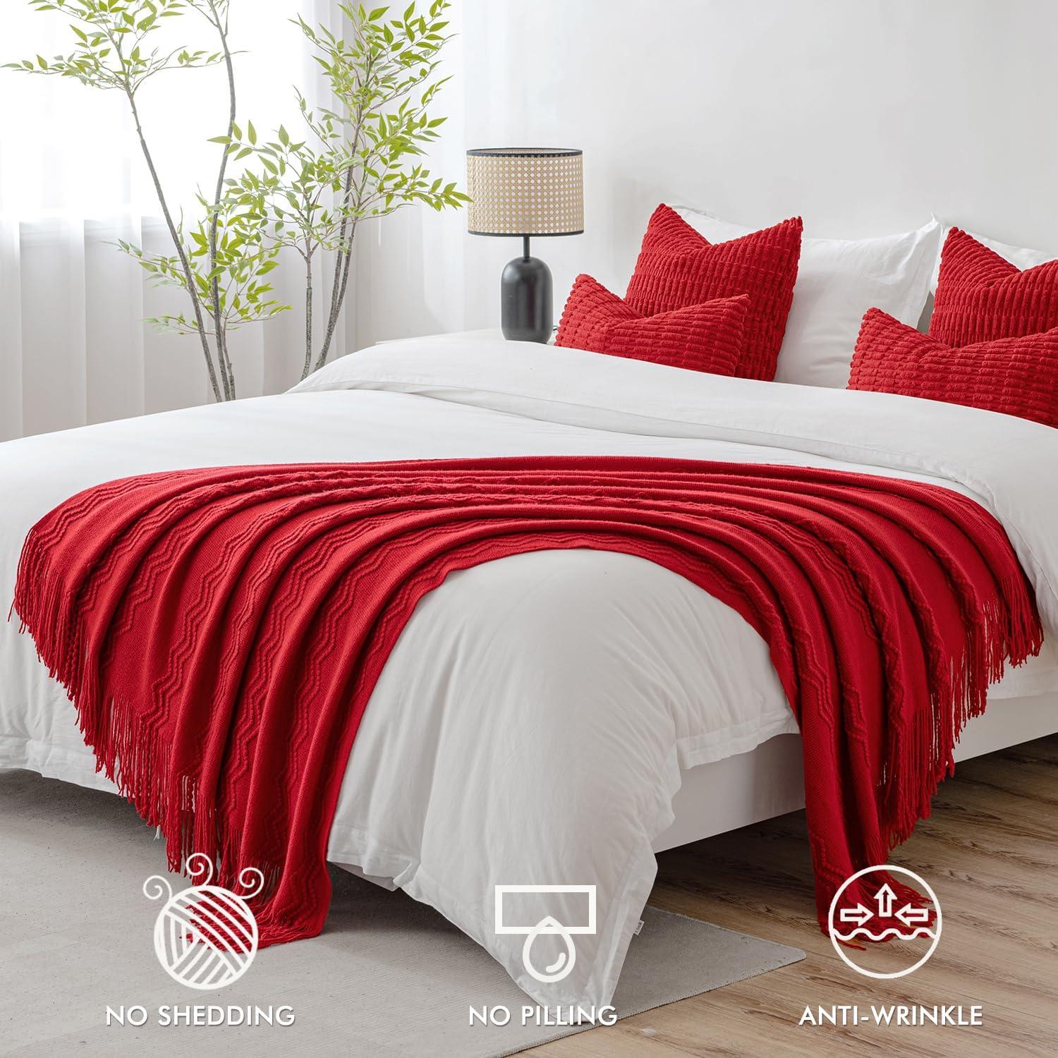 imageMIULEE Moss Green Knitted Throw Blanket for Couch Textured Knit Blanket with Tassels Cozy Woven Bed Blanket for Sofa Bed Chair Wave Pattern Spring Home Decor for All Seasons 50quotx60quotChristmas Red