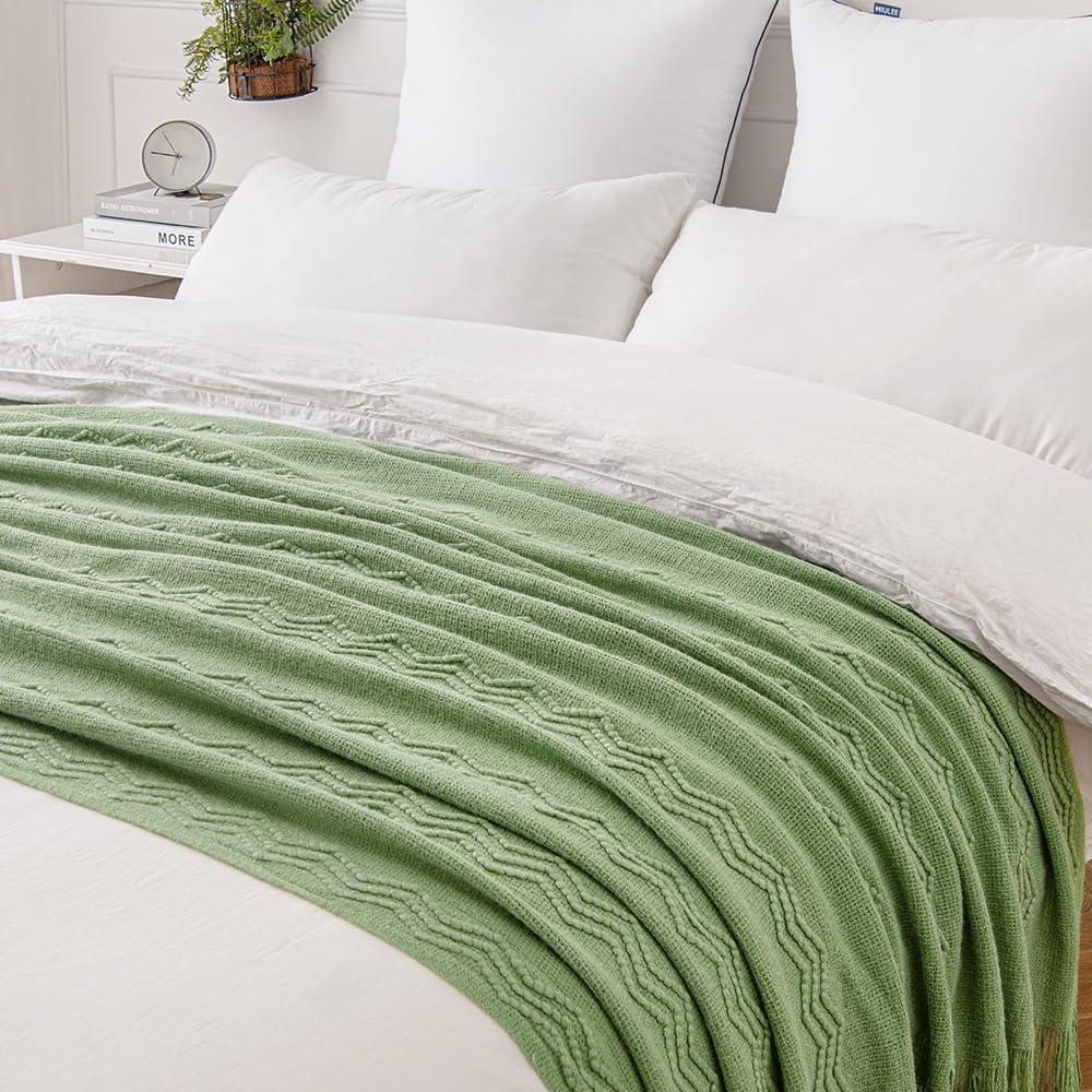 imageMIULEE Moss Green Knitted Throw Blanket for Couch Textured Knit Blanket with Tassels Cozy Woven Bed Blanket for Sofa Bed Chair Wave Pattern Spring Home Decor for All Seasons 50quotx60quotSage Green