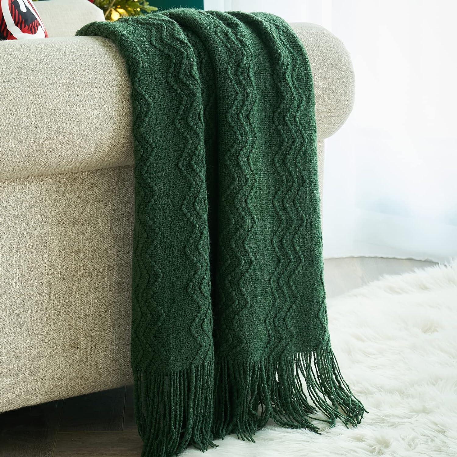 imageMIULEE Moss Green Knitted Throw Blanket for Couch Textured Knit Blanket with Tassels Cozy Woven Bed Blanket for Sofa Bed Chair Wave Pattern Spring Home Decor for All Seasons 50quotx60quotDark Green