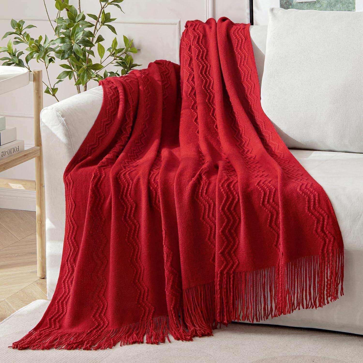 imageMIULEE Moss Green Knitted Throw Blanket for Couch Textured Knit Blanket with Tassels Cozy Woven Bed Blanket for Sofa Bed Chair Wave Pattern Spring Home Decor for All Seasons 50quotx60quotChristmas Red