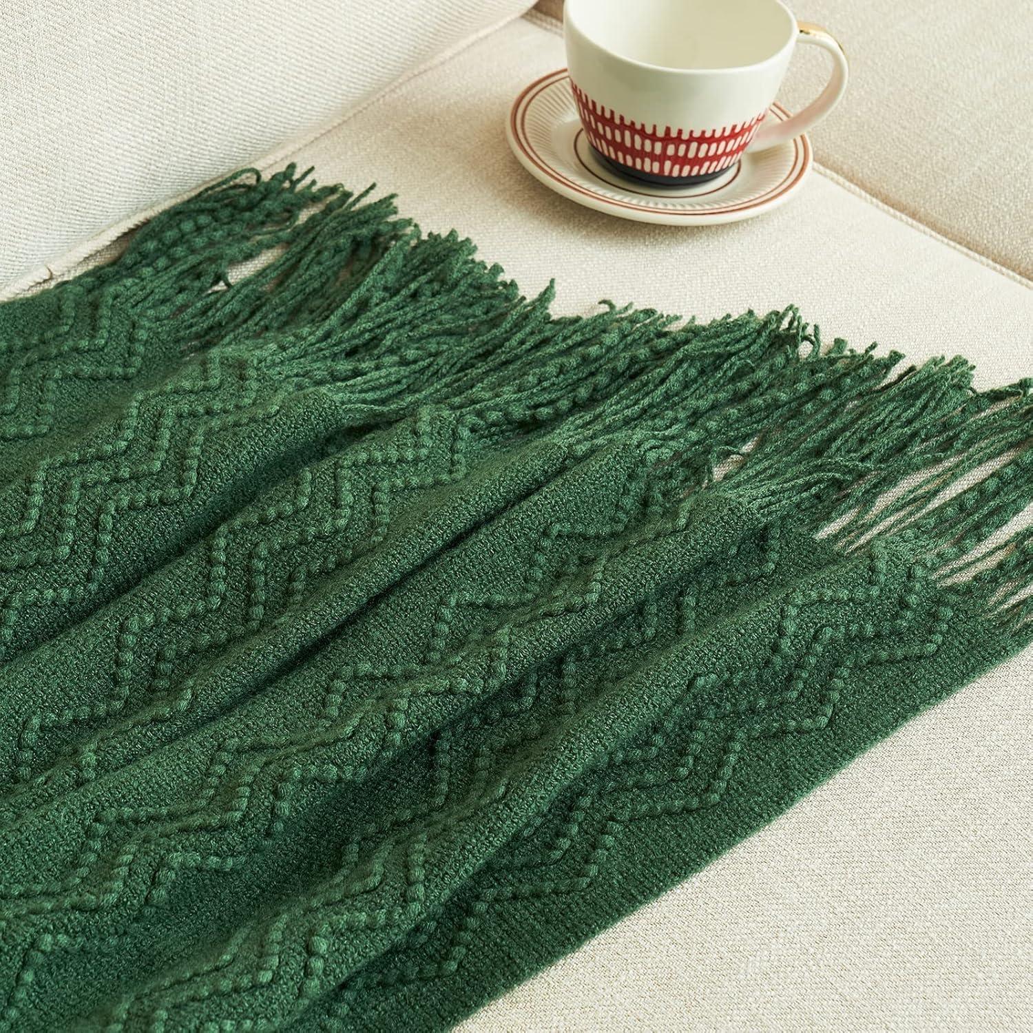 imageMIULEE Moss Green Knitted Throw Blanket for Couch Textured Knit Blanket with Tassels Cozy Woven Bed Blanket for Sofa Bed Chair Wave Pattern Spring Home Decor for All Seasons 50quotx60quotDark Green