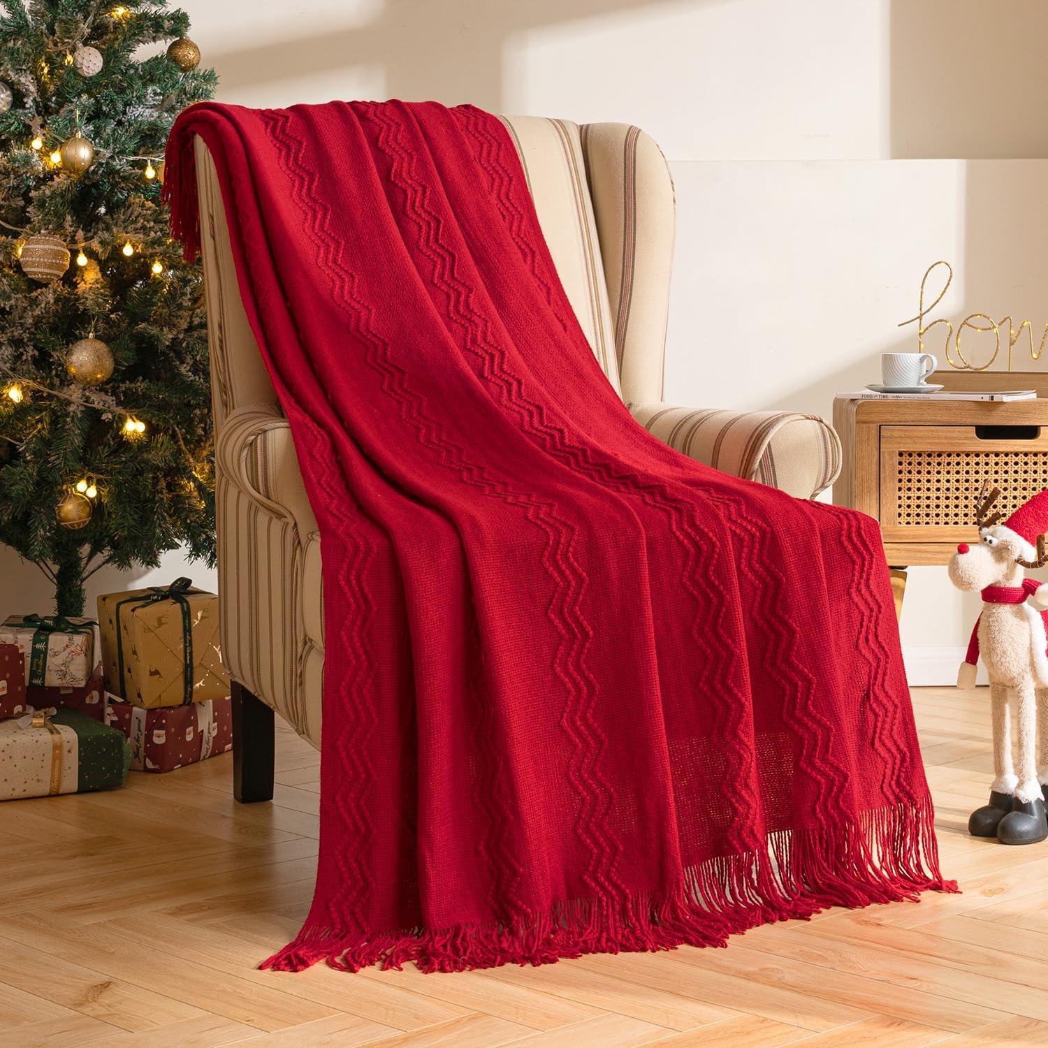 imageMIULEE Moss Green Knitted Throw Blanket for Couch Textured Knit Blanket with Tassels Cozy Woven Bed Blanket for Sofa Bed Chair Wave Pattern Spring Home Decor for All Seasons 50quotx60quotChristmas Red