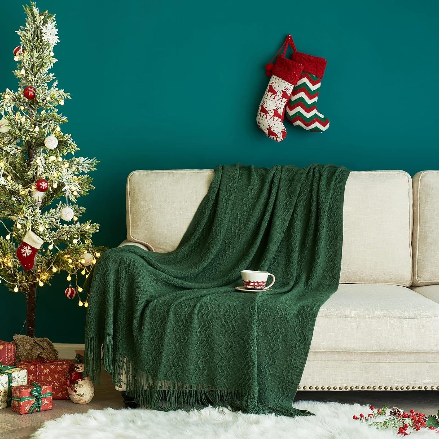 imageMIULEE Moss Green Knitted Throw Blanket for Couch Textured Knit Blanket with Tassels Cozy Woven Bed Blanket for Sofa Bed Chair Wave Pattern Spring Home Decor for All Seasons 50quotx60quotDark Green