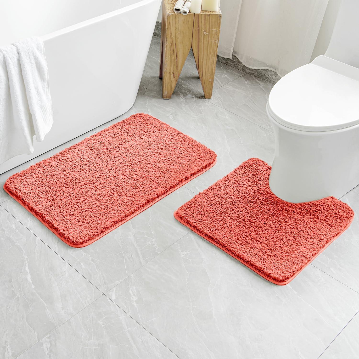 imageMIULEE Pink Bathroom Rugs Sets 2 Piece Including U Shaped Toilet Rug Soft Absorbent Bath Mats with Non Slip Rubber Backside for Bathroom Floor Tub Machine Washable Blush U 20x2420x30Living Coral