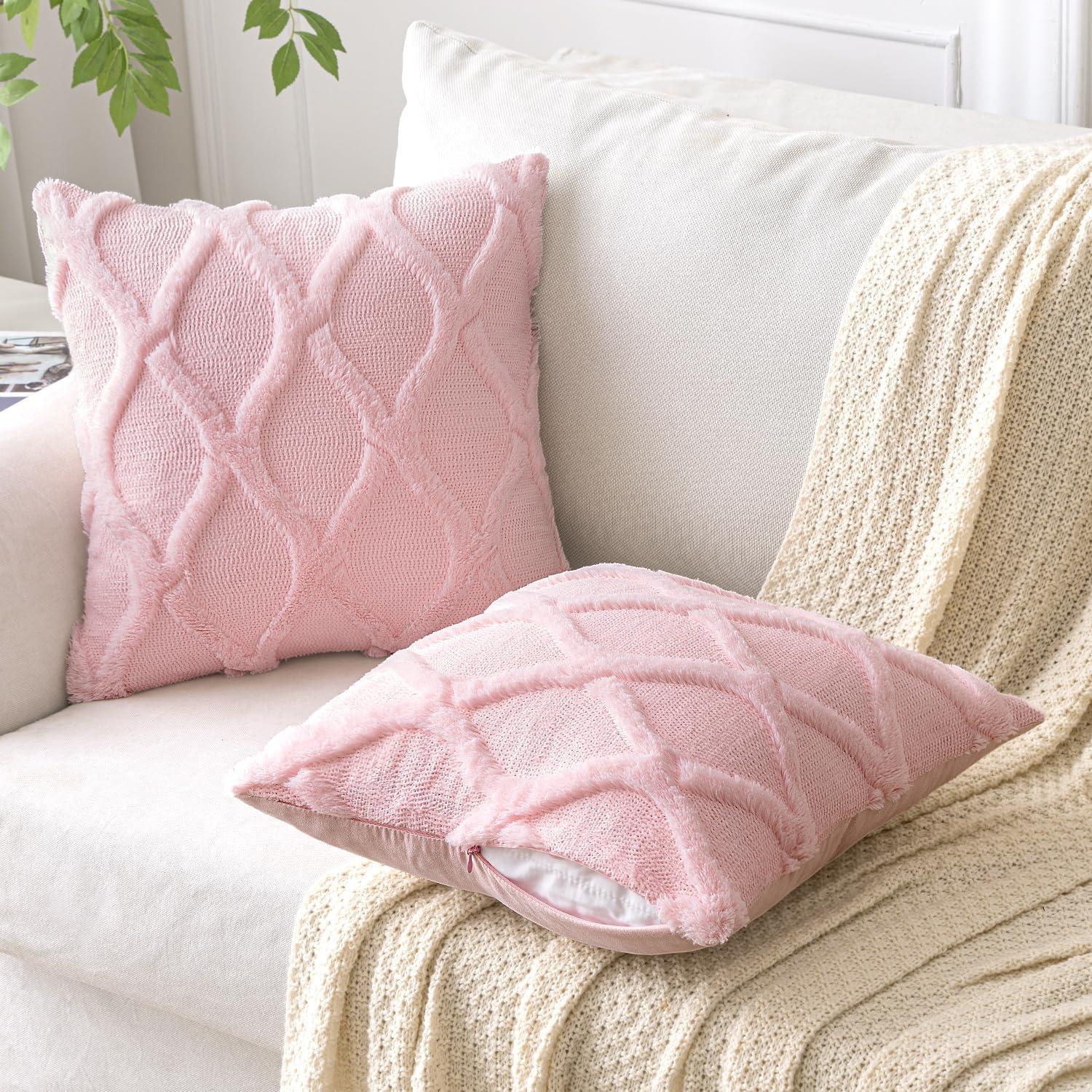 imageMIULEE Spring Decorative Throw Pillow Covers Hot Pink 20x20 Inch Set of 2 Soft Plush Faux Wool Couch Cushion Covers Farmhouse Throw Pillows for Couch Bed Sofa Living RoomLight Pink