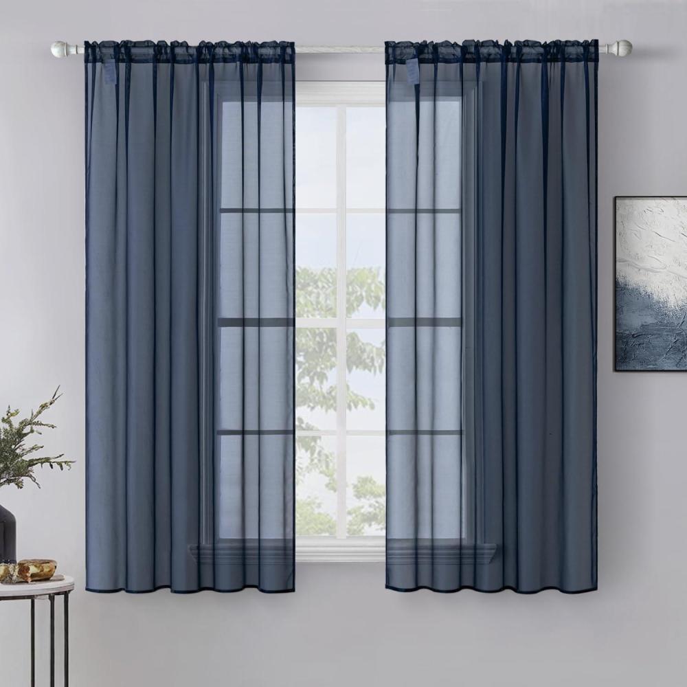 imageMIULEE 2 Panels Red Solid Color Sheer Christmas Window Curtains Elegant Window Voile PanelsDrapesTreatment for Bedroom Living Room 54X54 InchesNavy Blue