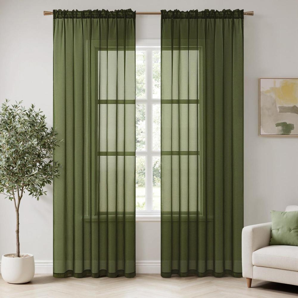imageMIULEE 2 Panels Red Solid Color Sheer Christmas Window Curtains Elegant Window Voile PanelsDrapesTreatment for Bedroom Living Room 54X54 InchesOlive Green