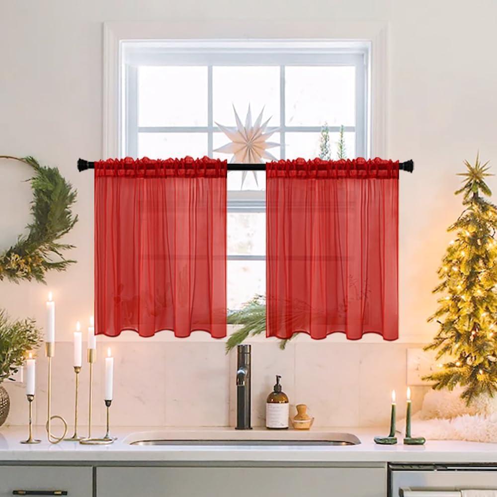 imageMIULEE 2 Panels Red Solid Color Sheer Christmas Window Curtains Elegant Window Voile PanelsDrapesTreatment for Bedroom Living Room 54X54 InchesRed