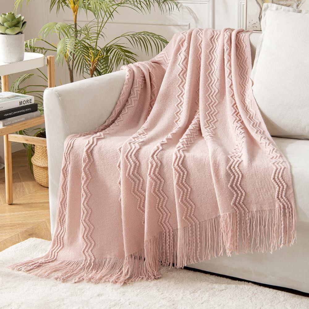 imageMIULEE Moss Green Knitted Throw Blanket for Couch Textured Knit Blanket with Tassels Cozy Woven Bed Blanket for Sofa Bed Chair Wave Pattern Spring Home Decor for All Seasons 50quotx60quotPink