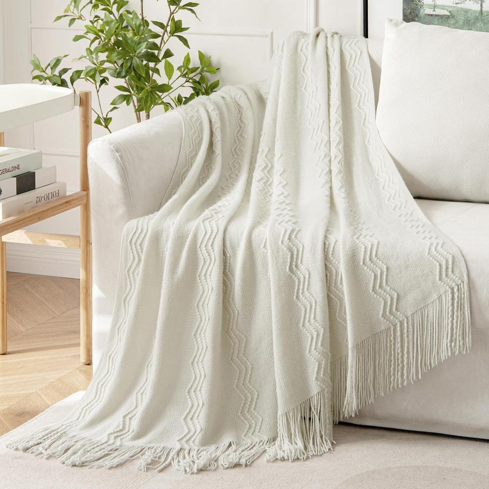 imageMIULEE Moss Green Knitted Throw Blanket for Couch Textured Knit Blanket with Tassels Cozy Woven Bed Blanket for Sofa Bed Chair Wave Pattern Spring Home Decor for All Seasons 50quotx60quotCream White