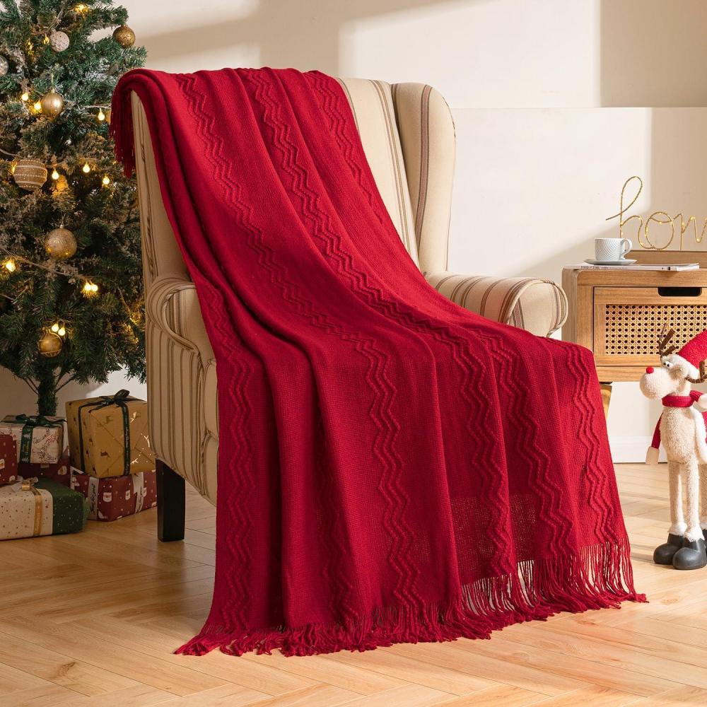 imageMIULEE Moss Green Knitted Throw Blanket for Couch Textured Knit Blanket with Tassels Cozy Woven Bed Blanket for Sofa Bed Chair Wave Pattern Spring Home Decor for All Seasons 50quotx60quotBurgundy
