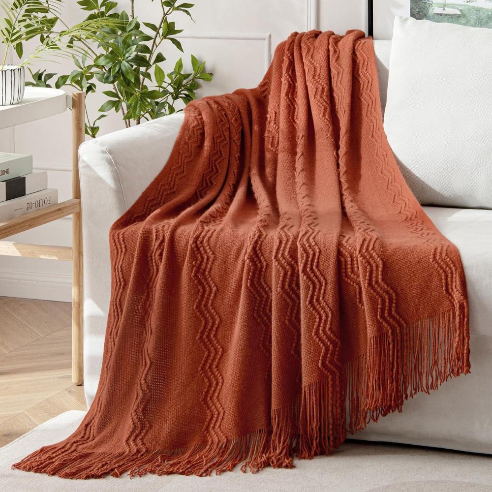 imageMIULEE Moss Green Knitted Throw Blanket for Couch Textured Knit Blanket with Tassels Cozy Woven Bed Blanket for Sofa Bed Chair Wave Pattern Spring Home Decor for All Seasons 50quotx60quotRust