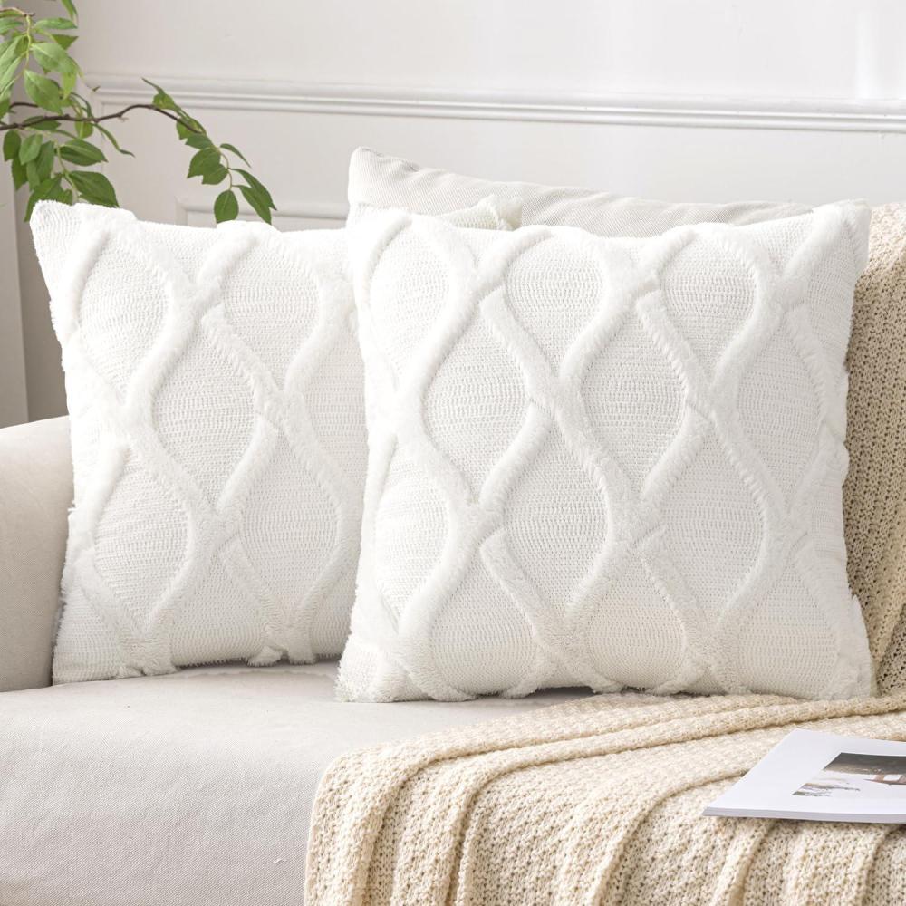 imageMIULEE Spring Decorative Throw Pillow Covers Hot Pink 20x20 Inch Set of 2 Soft Plush Faux Wool Couch Cushion Covers Farmhouse Throw Pillows for Couch Bed Sofa Living RoomCream White