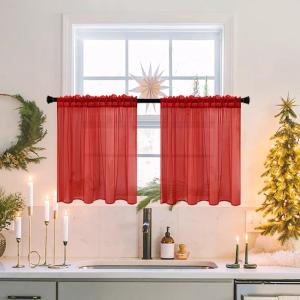 MIULEE 2 Panels Red Solid Color Sheer Christmas Window Curtains Elegant Window Voile Panels/Drapes/Treatment for Bedroom Living Room (54X54 Inches)(Red)