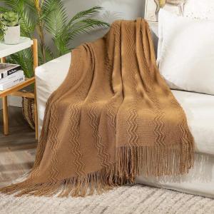 MIULEE Moss Green Knitted Throw Blanket for Couch Textured Knit Blanket with Tassels Cozy Woven Bed Blanket for Sofa Bed Chair Wave Pattern Spring Home Decor for All Seasons 50″x60″(Brown)