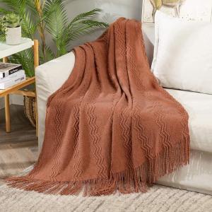 MIULEE Moss Green Knitted Throw Blanket for Couch Textured Knit Blanket with Tassels Cozy Woven Bed Blanket for Sofa Bed Chair Wave Pattern Spring Home Decor for All Seasons 50″x60″(Orange)