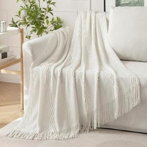 MIULEE Moss Green Knitted Throw Blanket for Couch Textured Knit Blanket with Tassels Cozy Woven Bed Blanket for Sofa Bed Chair Wave Pattern Spring Home Decor for All Seasons 50″x60″(Off White)